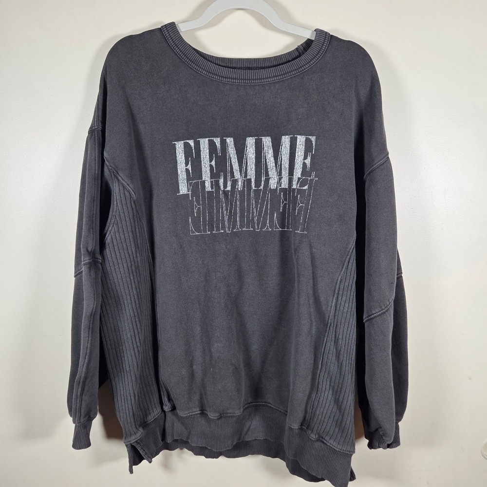 Aerie Sweatshirt Womens Medium Gray Femme Graphic Ribbed Side Panels Oversized